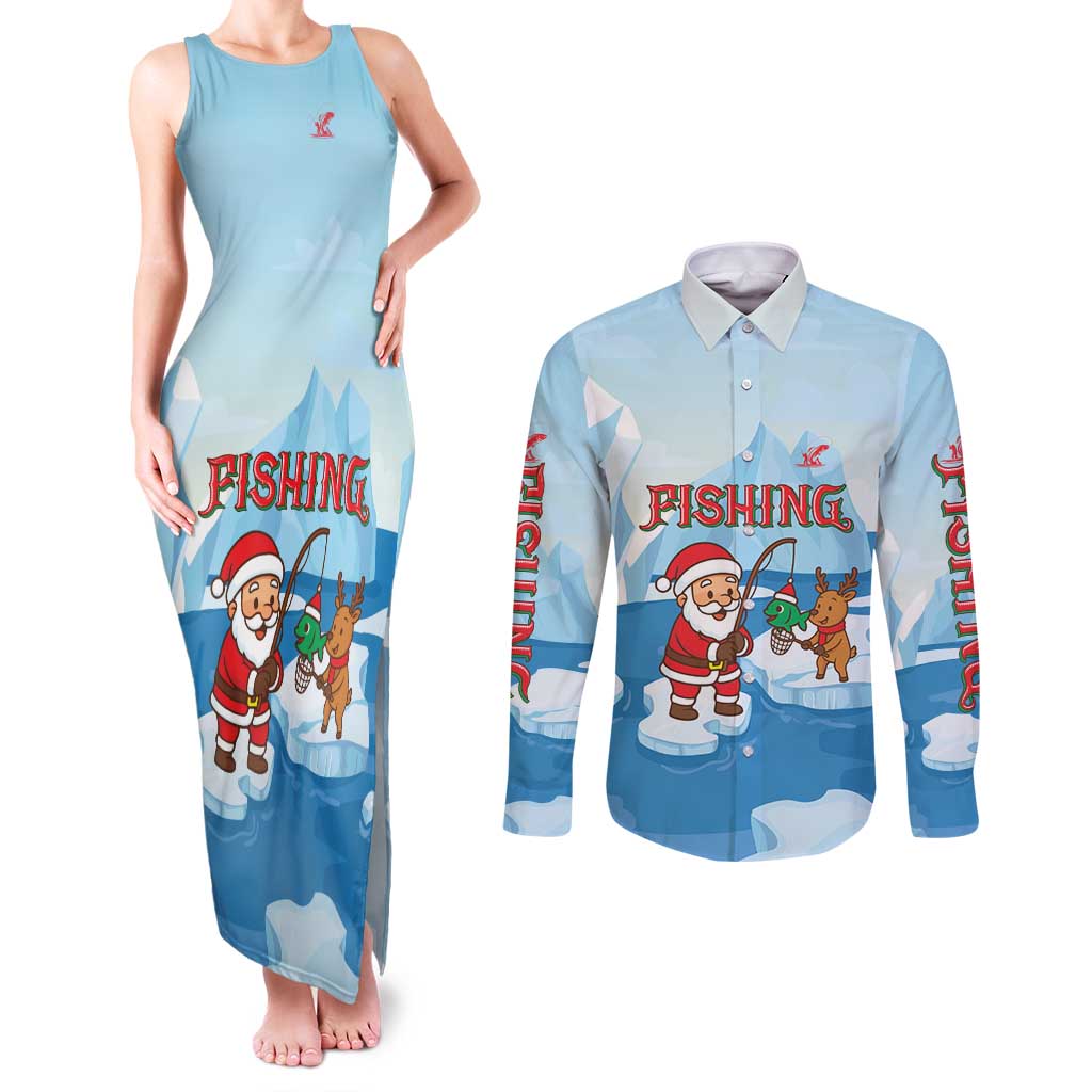 Christmas Fishing Couples Matching Tank Maxi Dress and Long Sleeve Button Shirt with Santa Claus Reindeer Iceberg and Merry Fishmas Design - Wonder Print Shop