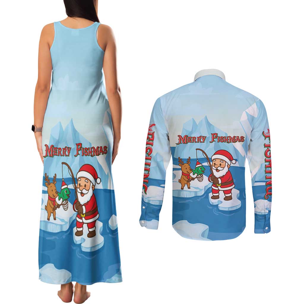 Christmas Fishing Couples Matching Tank Maxi Dress and Long Sleeve Button Shirt with Santa Claus Reindeer Iceberg and Merry Fishmas Design - Wonder Print Shop