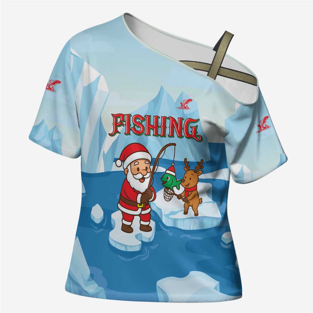 Christmas Fishing Cross Shoulder Shirt with Santa Claus Reindeer Iceberg and Merry Fishmas Design - Wonder Print Shop