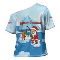 Christmas Fishing Cross Shoulder Shirt with Santa Claus Reindeer Iceberg and Merry Fishmas Design - Wonder Print Shop