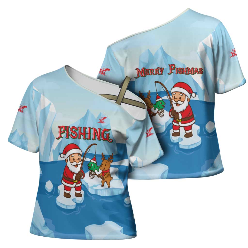 Christmas Fishing Cross Shoulder Shirt with Santa Claus Reindeer Iceberg and Merry Fishmas Design - Wonder Print Shop