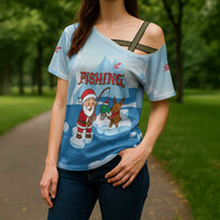 Christmas Fishing Cross Shoulder Shirt with Santa Claus Reindeer Iceberg and Merry Fishmas Design - Wonder Print Shop