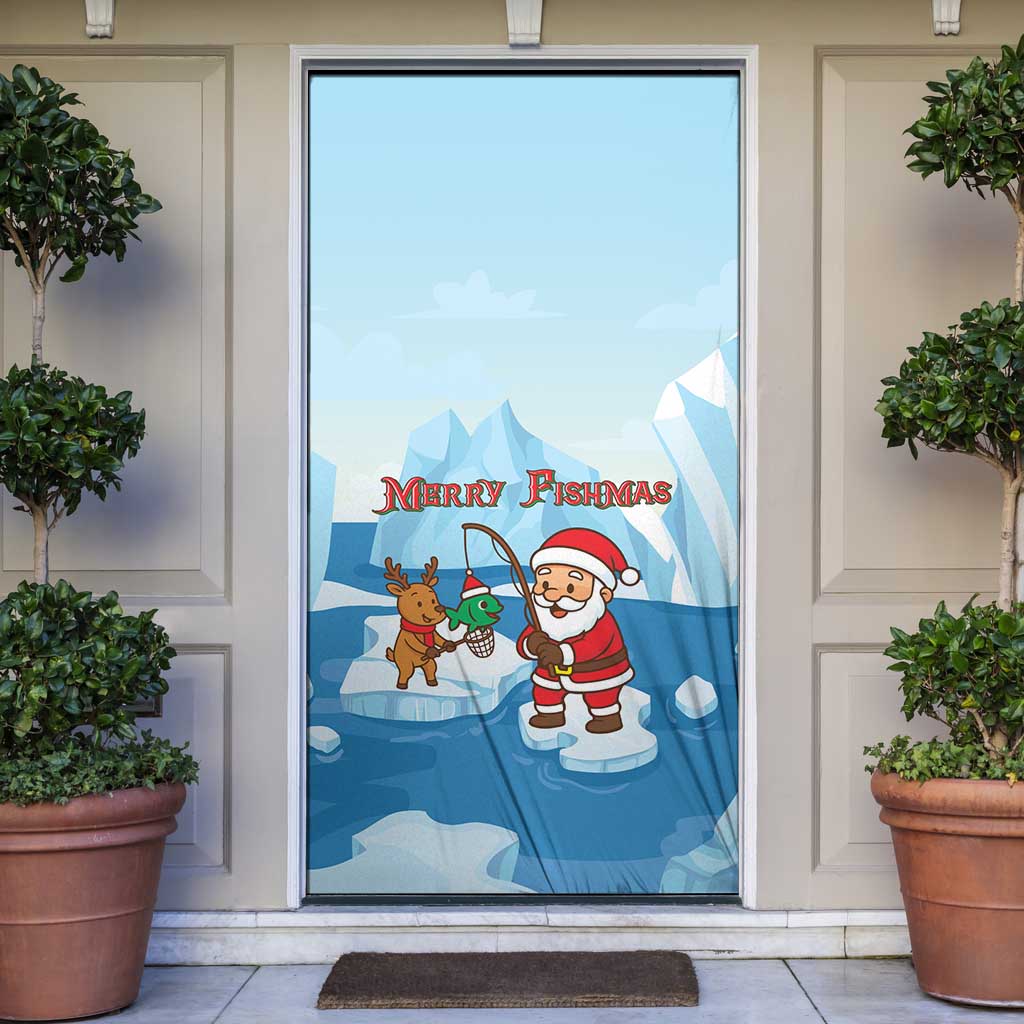 Christmas Fishing Door Cover with Santa Claus Reindeer Iceberg and Merry Fishmas Design - Wonder Print Shop