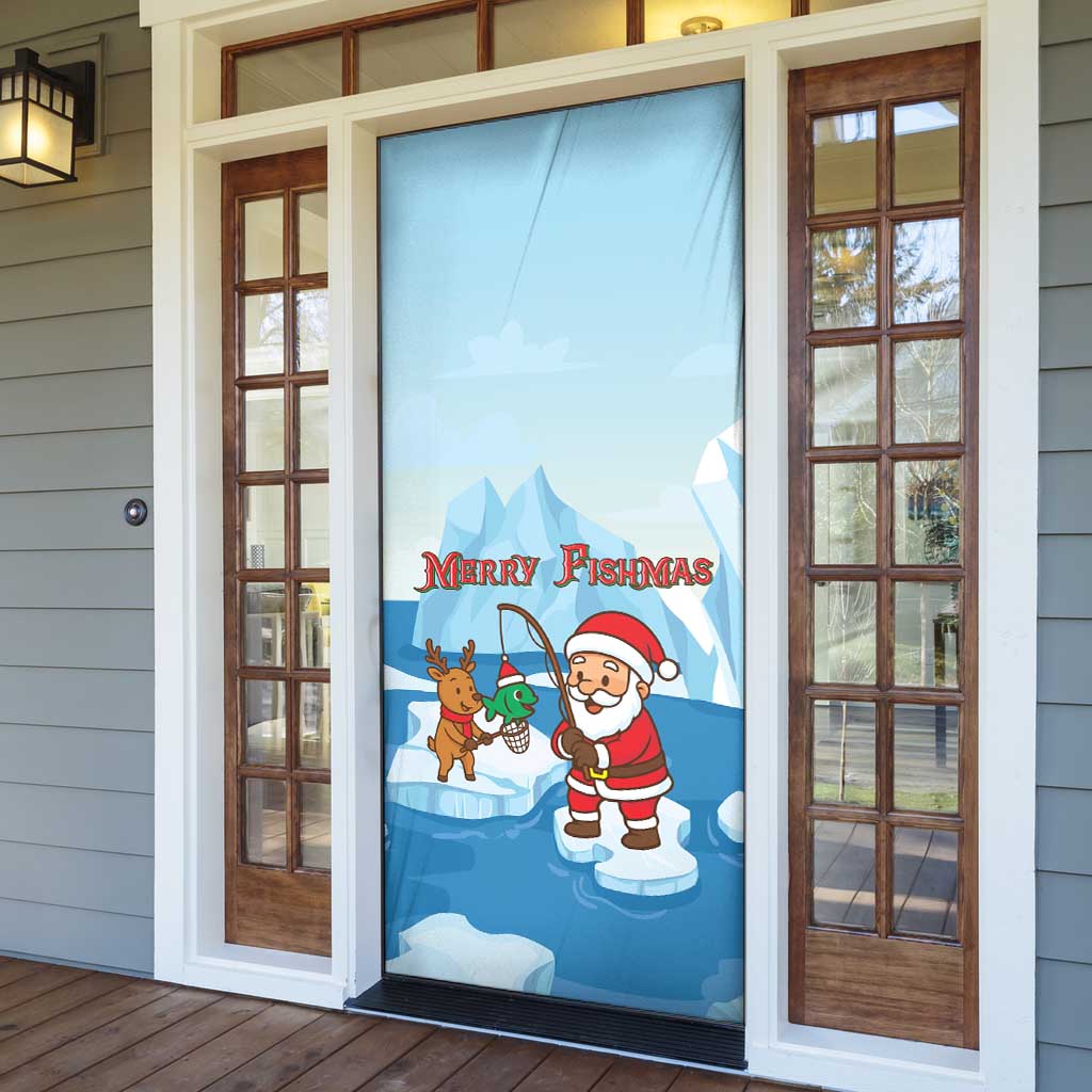 Christmas Fishing Door Cover with Santa Claus Reindeer Iceberg and Merry Fishmas Design - Wonder Print Shop