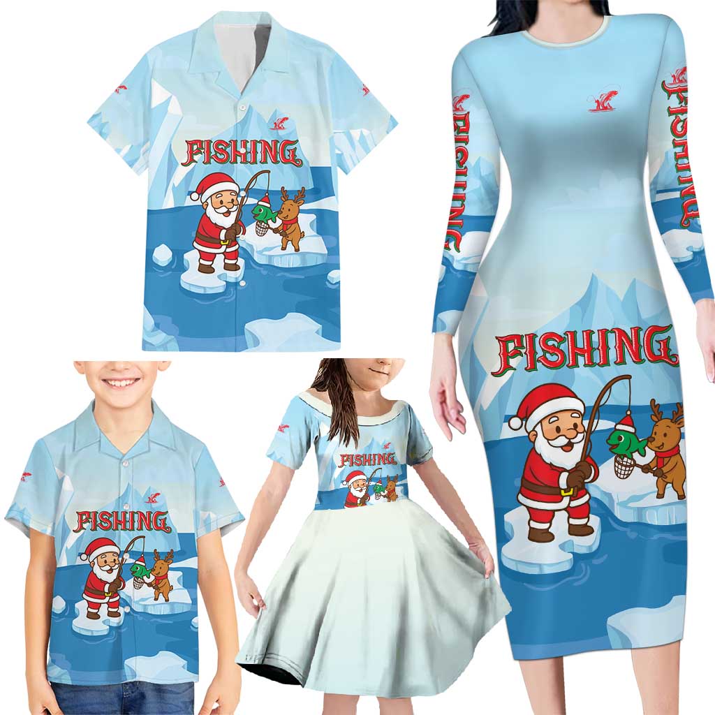 Christmas Fishing Family Matching Long Sleeve Bodycon Dress and Hawaiian Shirt with Santa Claus Reindeer Iceberg and Merry Fishmas Design - Wonder Print Shop