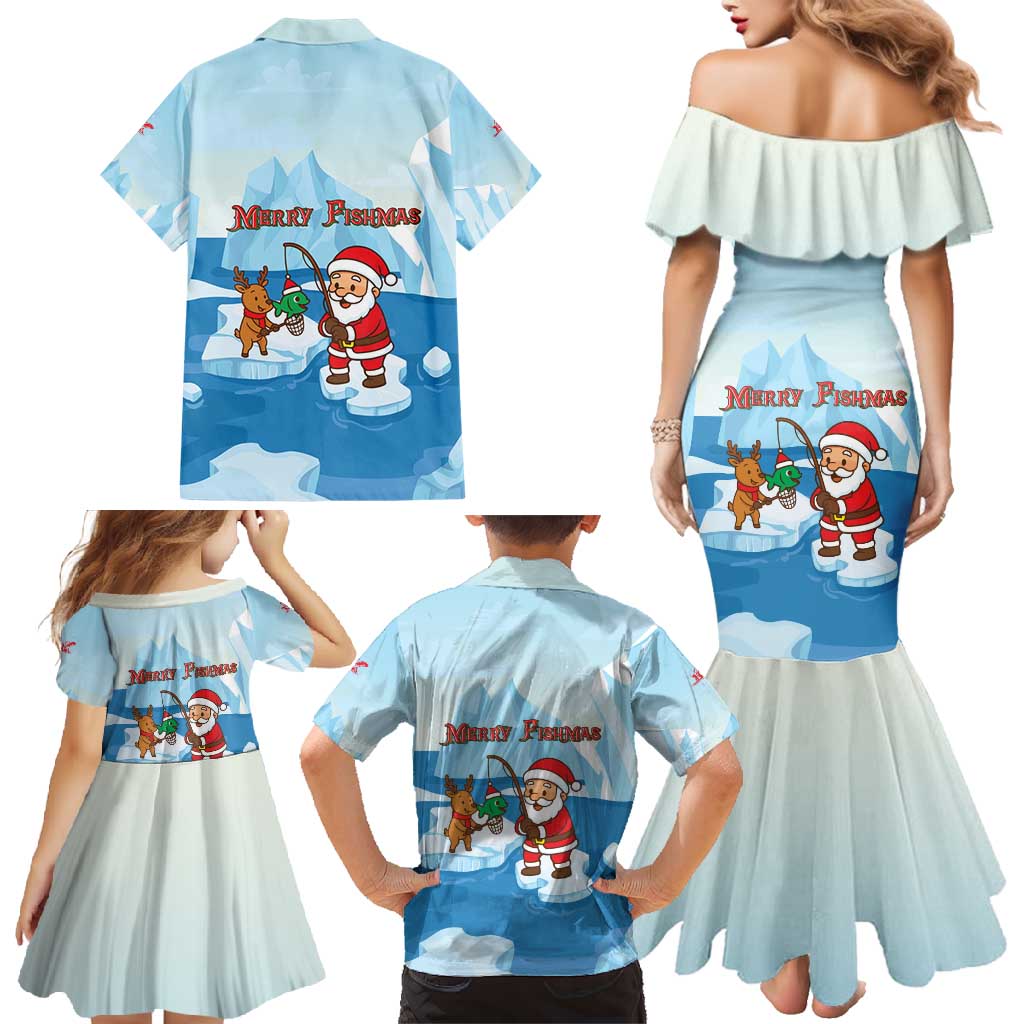 Christmas Fishing Family Matching Mermaid Dress and Hawaiian Shirt with Santa Claus Reindeer Iceberg and Merry Fishmas Design - Wonder Print Shop