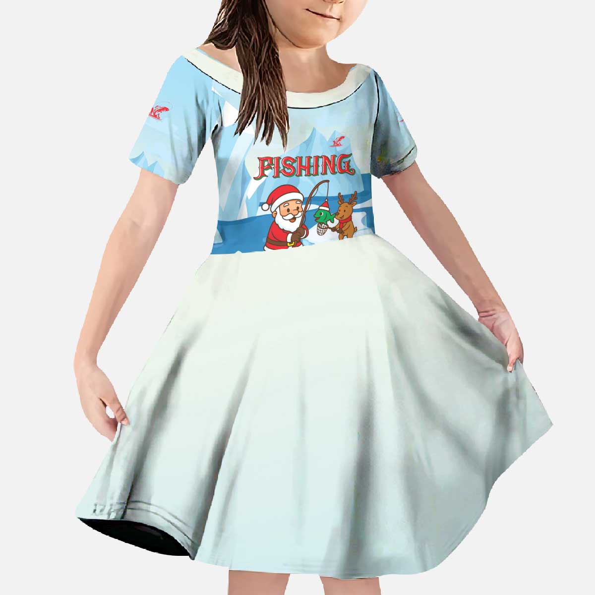Christmas Fishing Family Matching Off The Shoulder Long Sleeve Dress and Hawaiian Shirt with Santa Claus Reindeer Iceberg and Merry Fishmas Design - Wonder Print Shop