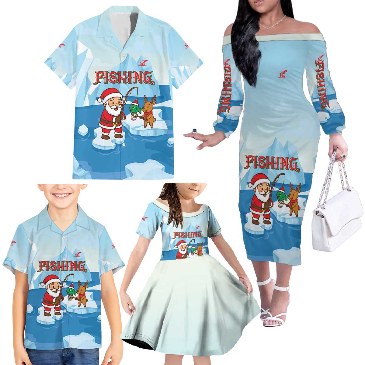 Christmas Fishing Family Matching Off The Shoulder Long Sleeve Dress and Hawaiian Shirt with Santa Claus Reindeer Iceberg and Merry Fishmas Design - Wonder Print Shop