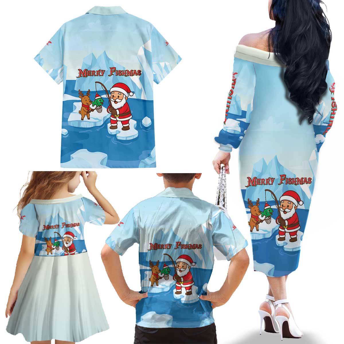 Christmas Fishing Family Matching Off The Shoulder Long Sleeve Dress and Hawaiian Shirt with Santa Claus Reindeer Iceberg and Merry Fishmas Design - Wonder Print Shop