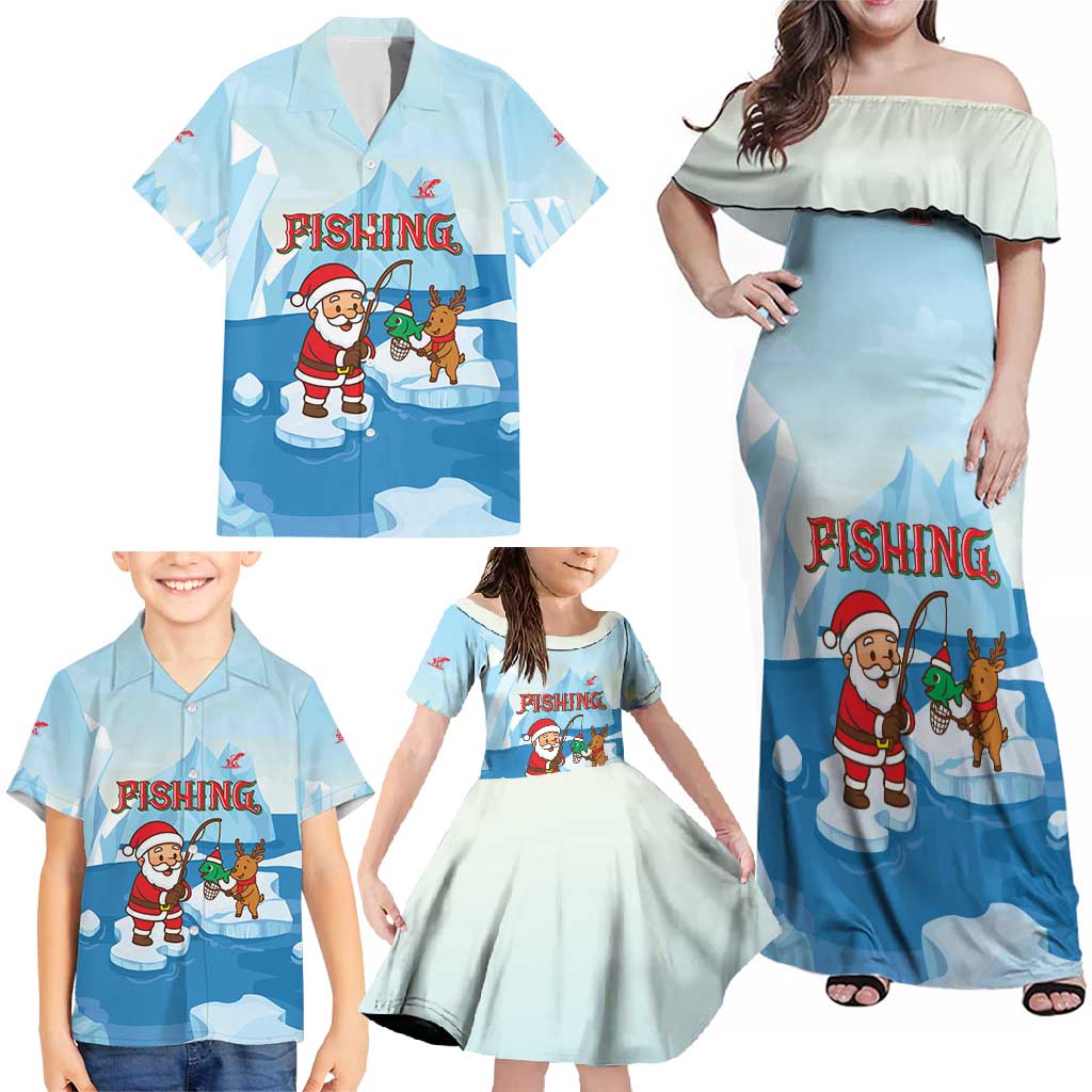 Christmas Fishing Family Matching Off Shoulder Maxi Dress and Hawaiian Shirt with Santa Claus Reindeer Iceberg and Merry Fishmas Design - Wonder Print Shop