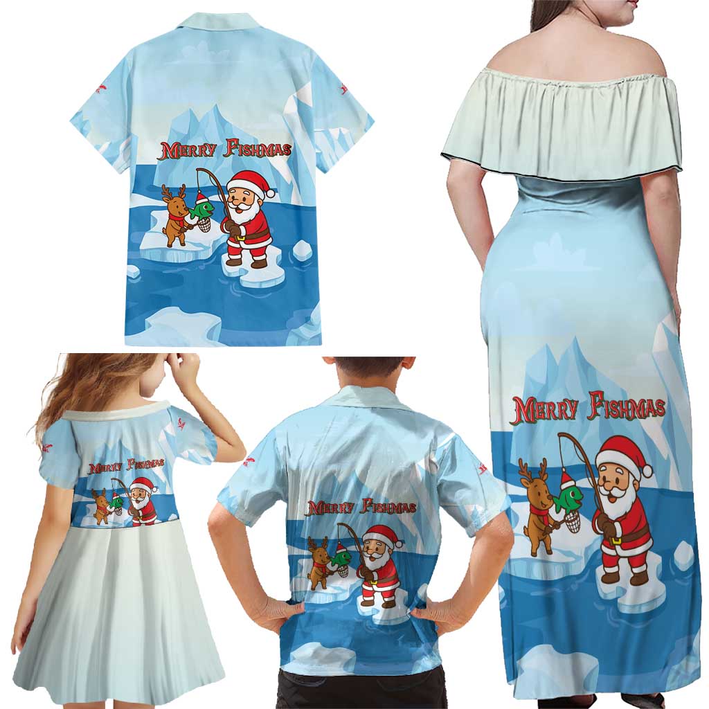Christmas Fishing Family Matching Off Shoulder Maxi Dress and Hawaiian Shirt with Santa Claus Reindeer Iceberg and Merry Fishmas Design - Wonder Print Shop