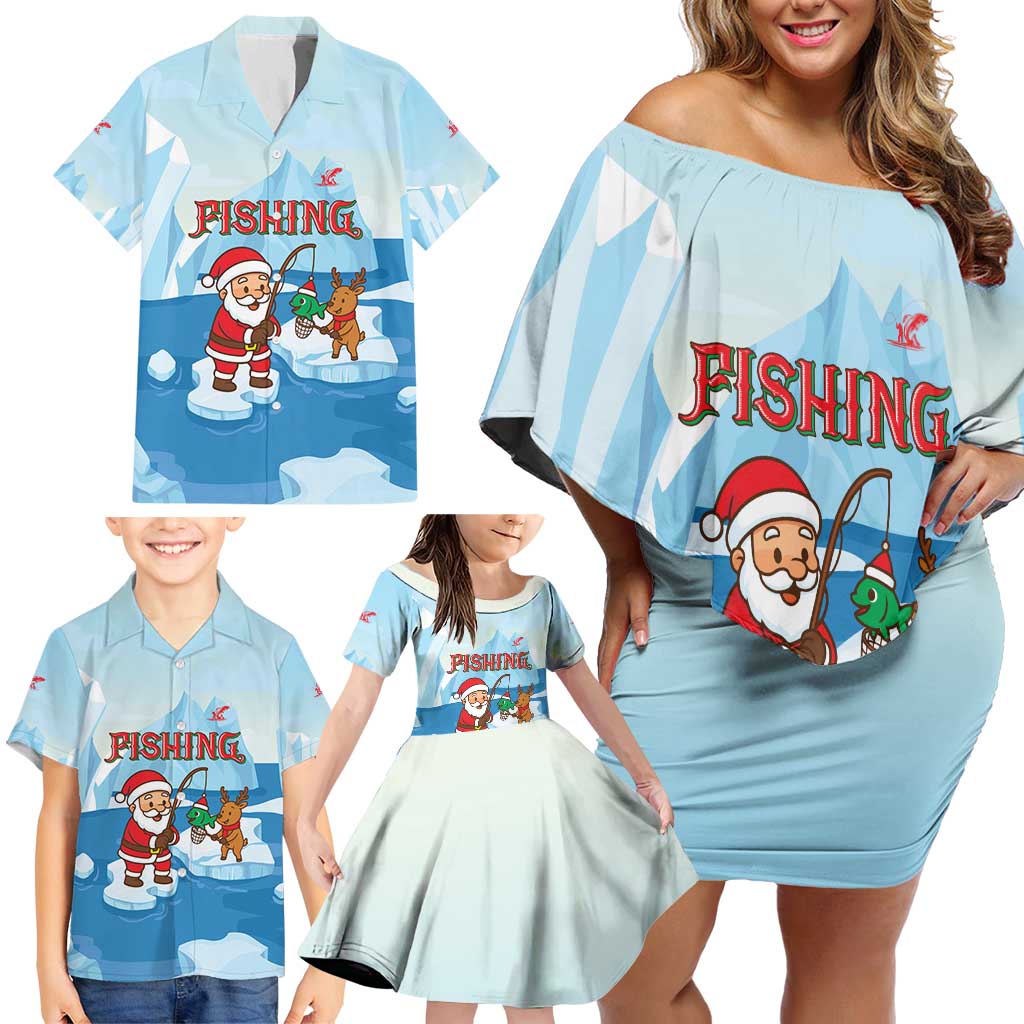 Christmas Fishing Family Matching Off Shoulder Short Dress and Hawaiian Shirt with Santa Claus Reindeer Iceberg and Merry Fishmas Design - Wonder Print Shop