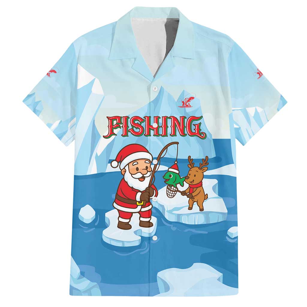 Christmas Fishing Family Matching Off Shoulder Short Dress and Hawaiian Shirt with Santa Claus Reindeer Iceberg and Merry Fishmas Design - Wonder Print Shop