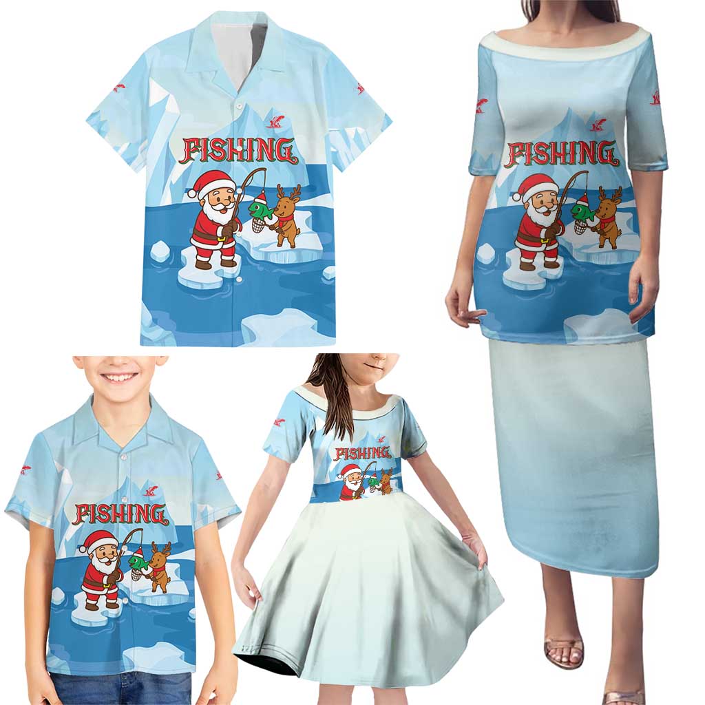 Christmas Fishing Family Matching Puletasi and Hawaiian Shirt with Santa Claus Reindeer Iceberg and Merry Fishmas Design - Wonder Print Shop