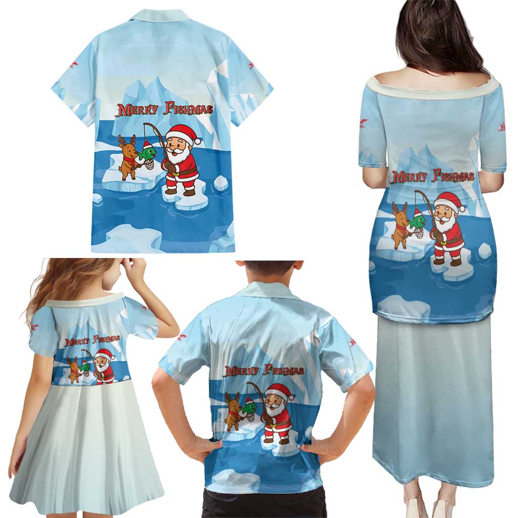 Christmas Fishing Family Matching Puletasi and Hawaiian Shirt with Santa Claus Reindeer Iceberg and Merry Fishmas Design - Wonder Print Shop