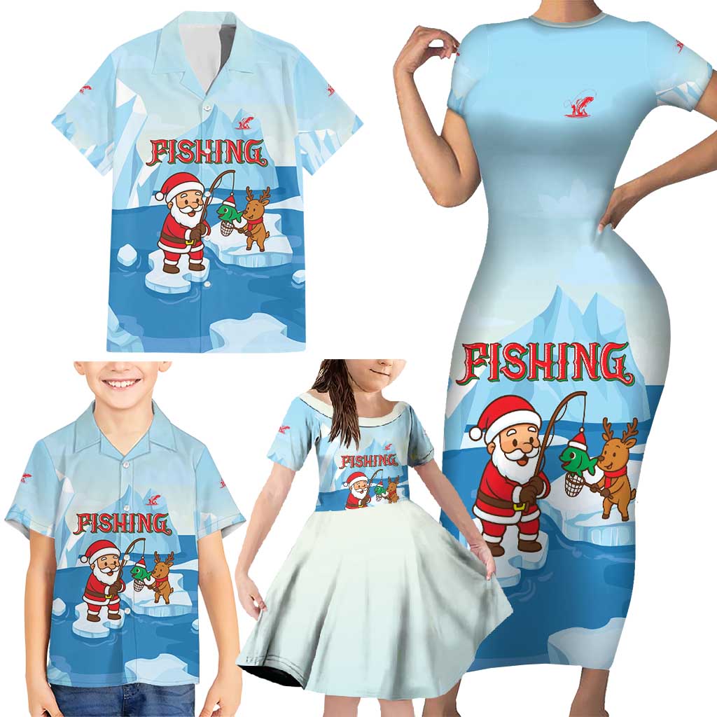 Christmas Fishing Family Matching Short Sleeve Bodycon Dress and Hawaiian Shirt with Santa Claus Reindeer Iceberg and Merry Fishmas Design - Wonder Print Shop