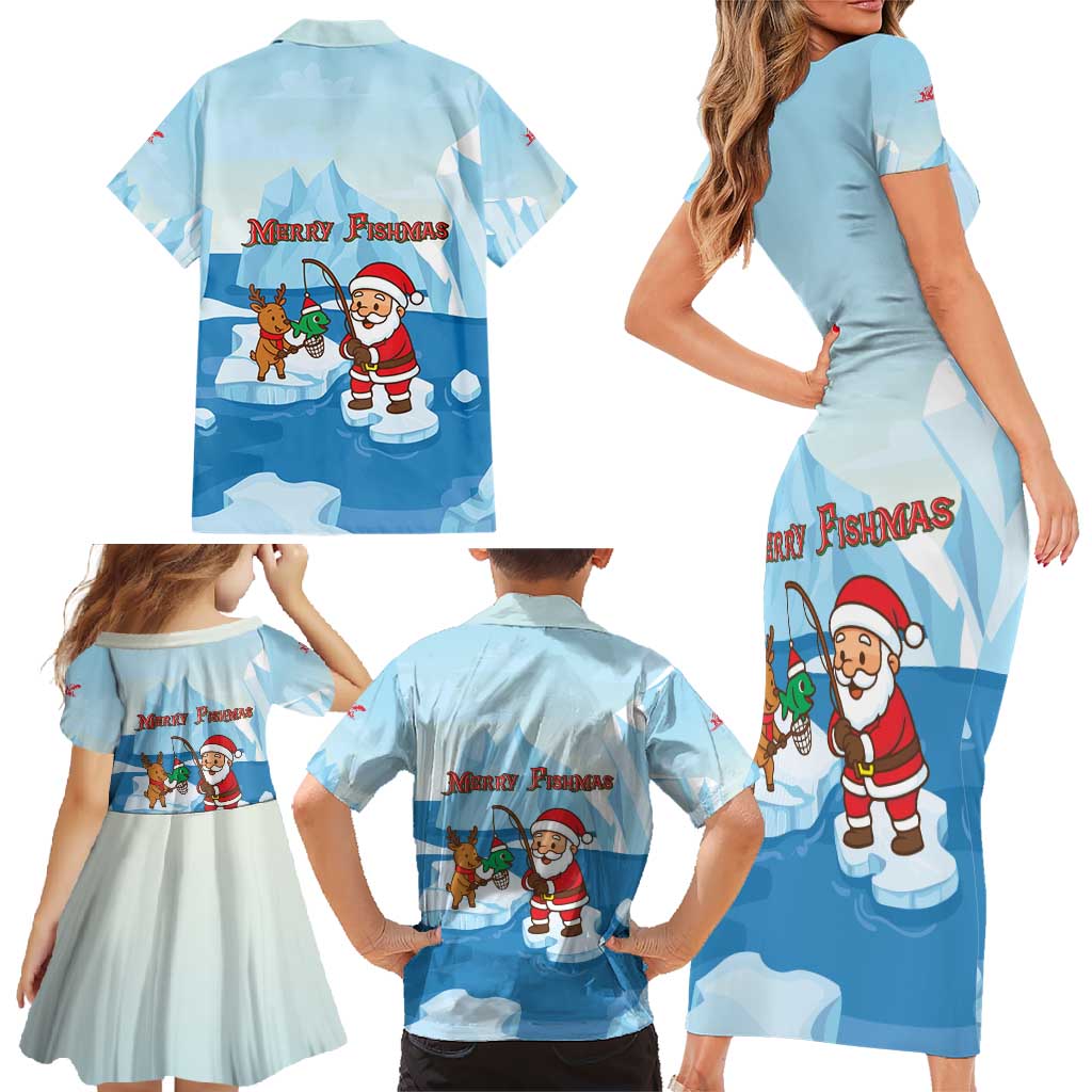 Christmas Fishing Family Matching Short Sleeve Bodycon Dress and Hawaiian Shirt with Santa Claus Reindeer Iceberg and Merry Fishmas Design - Wonder Print Shop