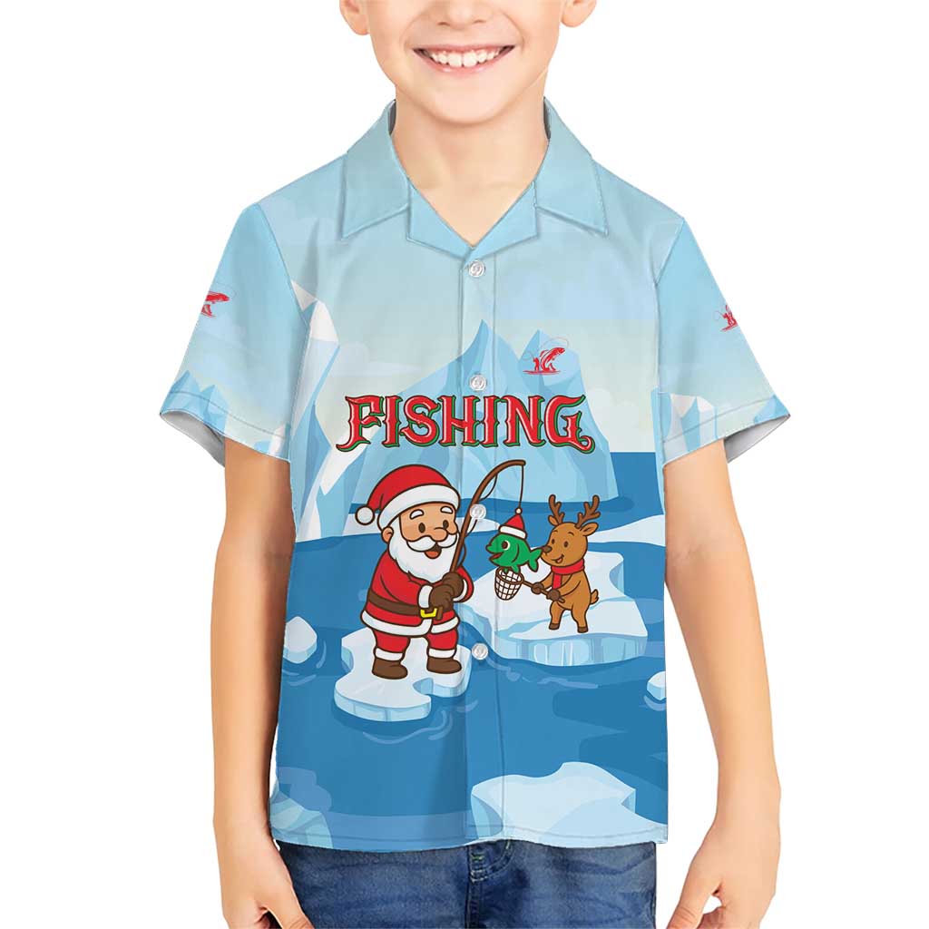 Christmas Fishing Family Matching Short Sleeve Bodycon Dress and Hawaiian Shirt with Santa Claus Reindeer Iceberg and Merry Fishmas Design - Wonder Print Shop