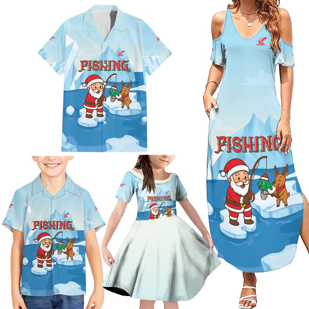 Christmas Fishing Family Matching Summer Maxi Dress and Hawaiian Shirt with Santa Claus Reindeer Iceberg and Merry Fishmas Design - Wonder Print Shop