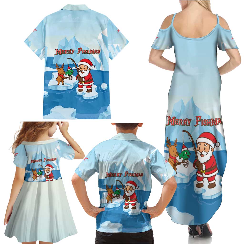 Christmas Fishing Family Matching Summer Maxi Dress and Hawaiian Shirt with Santa Claus Reindeer Iceberg and Merry Fishmas Design - Wonder Print Shop