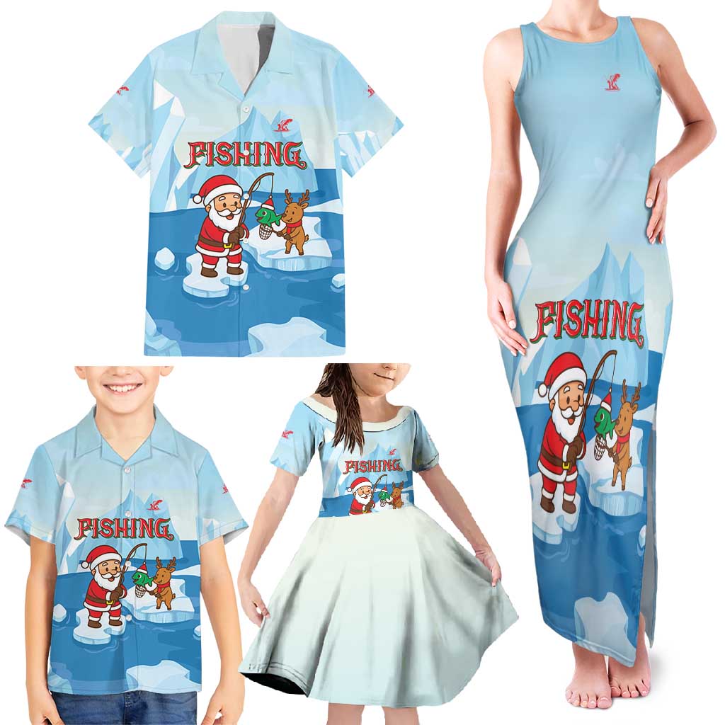 Christmas Fishing Family Matching Tank Maxi Dress and Hawaiian Shirt with Santa Claus Reindeer Iceberg and Merry Fishmas Design - Wonder Print Shop