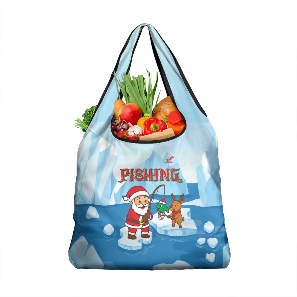 Christmas Fishing Grocery Bag with Santa Claus Reindeer Iceberg and Merry Fishmas Design - Wonder Print Shop