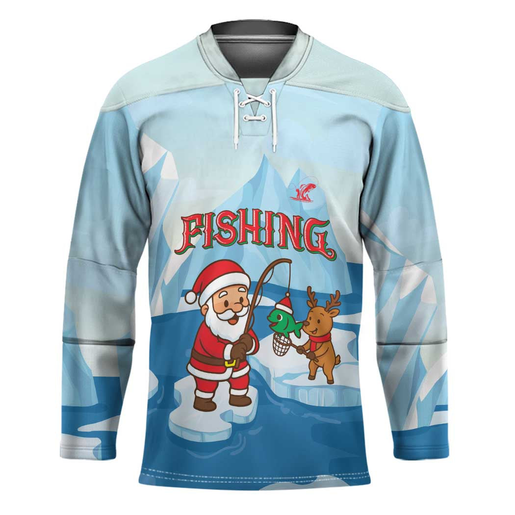 Christmas Fishing Hockey Jersey with Santa Claus Reindeer Iceberg and Merry Fishmas Design - Wonder Print Shop