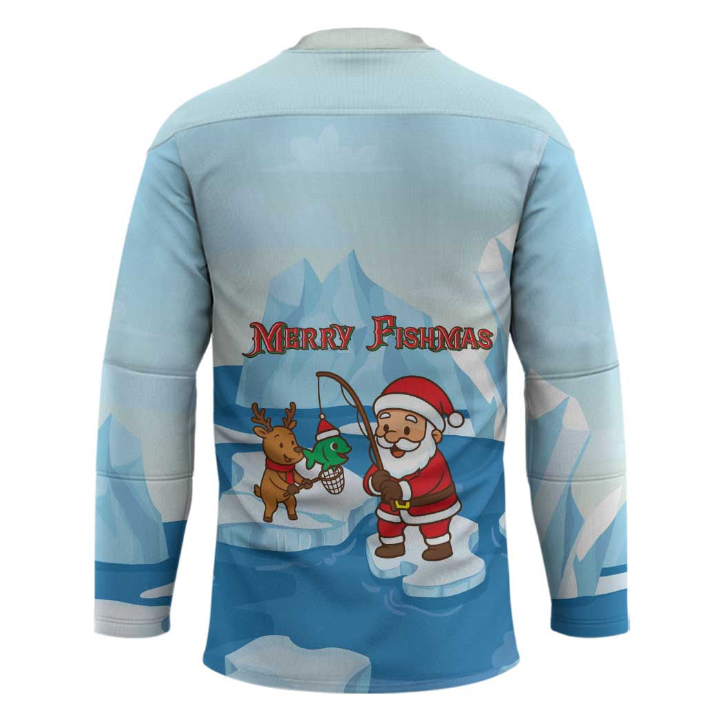 Christmas Fishing Hockey Jersey with Santa Claus Reindeer Iceberg and Merry Fishmas Design - Wonder Print Shop