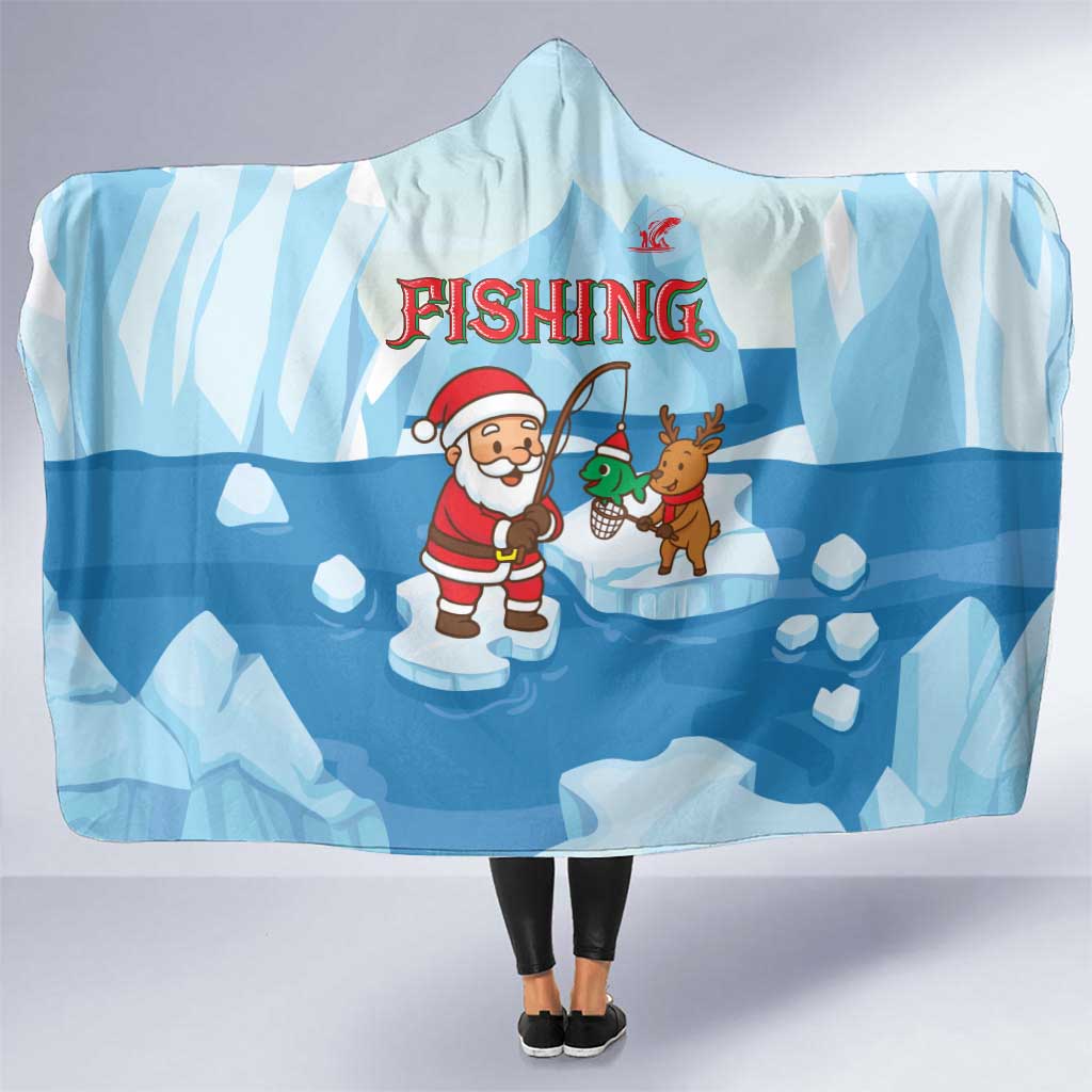 Christmas Fishing Hooded Blanket with Santa Claus Reindeer Iceberg and Merry Fishmas Design - Wonder Print Shop