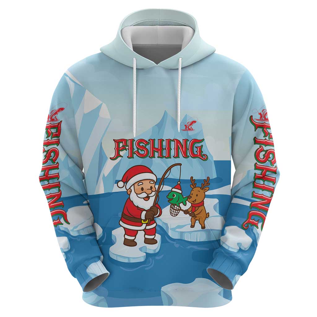 Christmas Fishing Hoodie with Santa Claus Reindeer Iceberg and Merry Fishmas Design - Wonder Print Shop