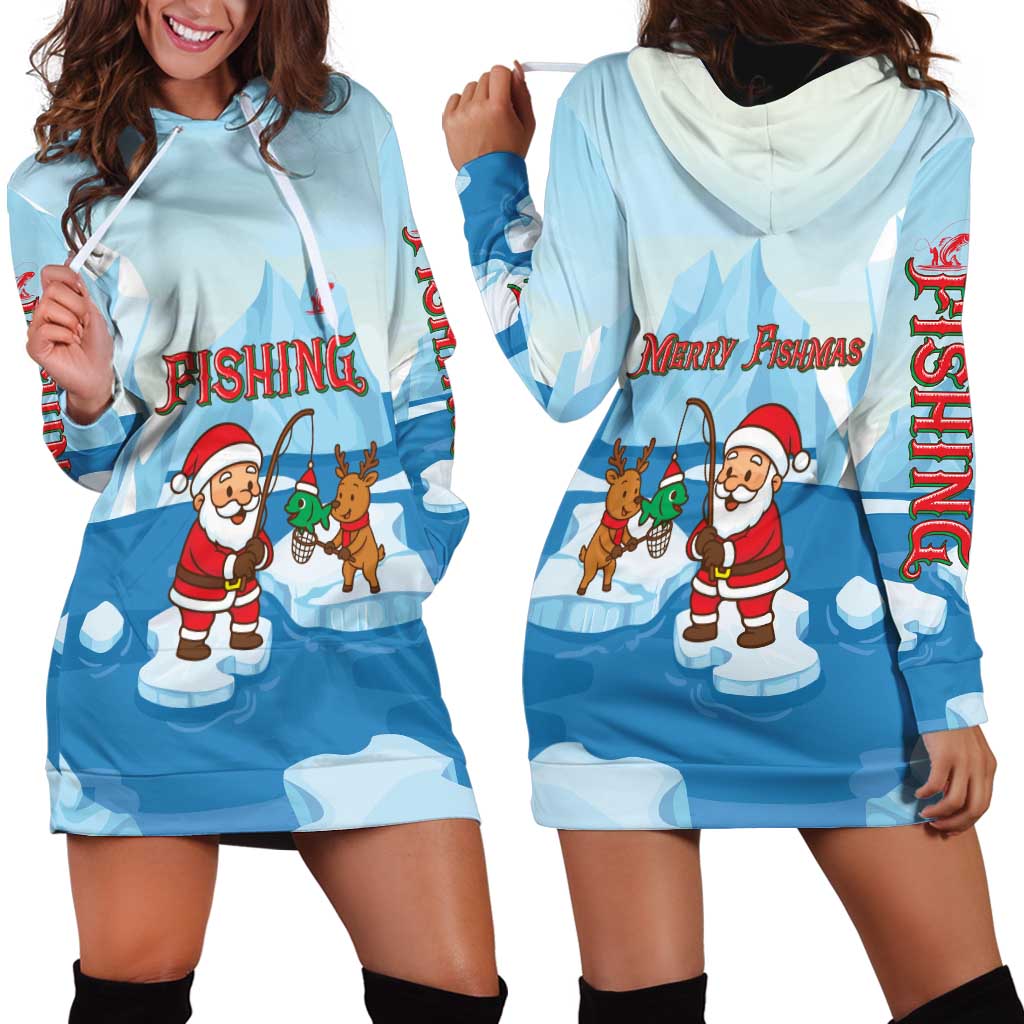Christmas Fishing Hoodie Dress with Santa Claus Reindeer Iceberg and Merry Fishmas Design - Wonder Print Shop