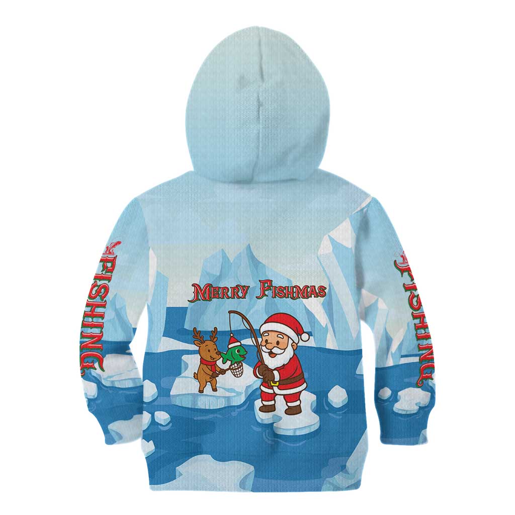 Christmas Fishing Kid Hoodie with Santa Claus Reindeer Iceberg and Merry Fishmas Design - Wonder Print Shop