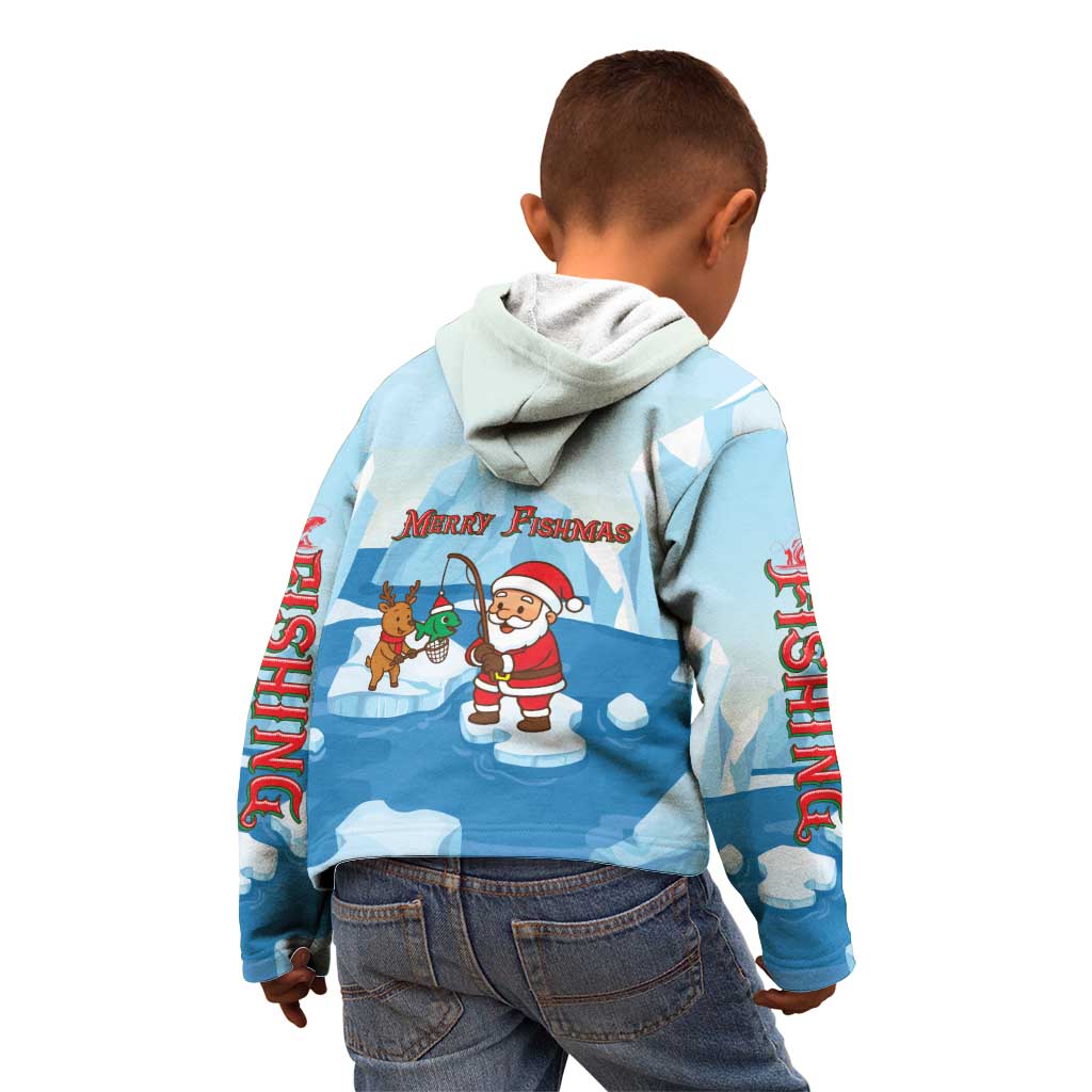 Christmas Fishing Kid Hoodie with Santa Claus Reindeer Iceberg and Merry Fishmas Design - Wonder Print Shop
