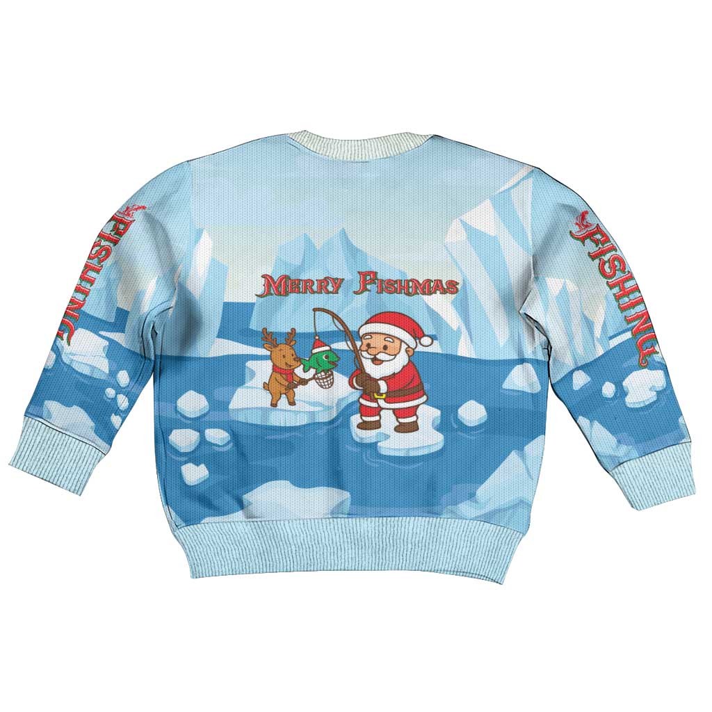 Christmas Fishing Kid Ugly Christmas Sweater with Santa Claus Reindeer Iceberg and Merry Fishmas Design - Wonder Print Shop