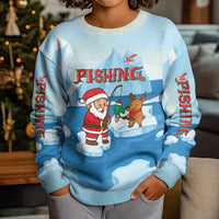 Christmas Fishing Kid Ugly Christmas Sweater with Santa Claus Reindeer Iceberg and Merry Fishmas Design - Wonder Print Shop