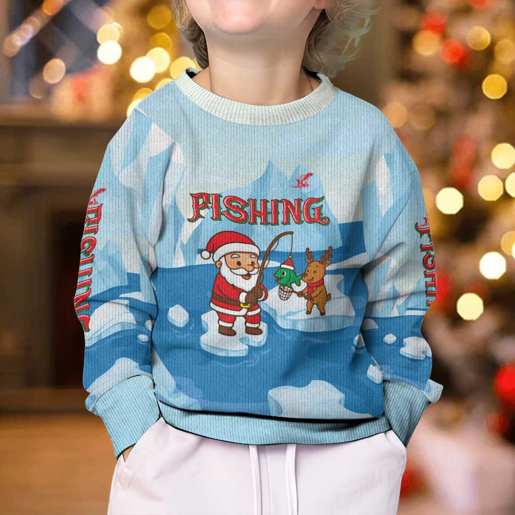 Christmas Fishing Kid Ugly Christmas Sweater with Santa Claus Reindeer Iceberg and Merry Fishmas Design - Wonder Print Shop