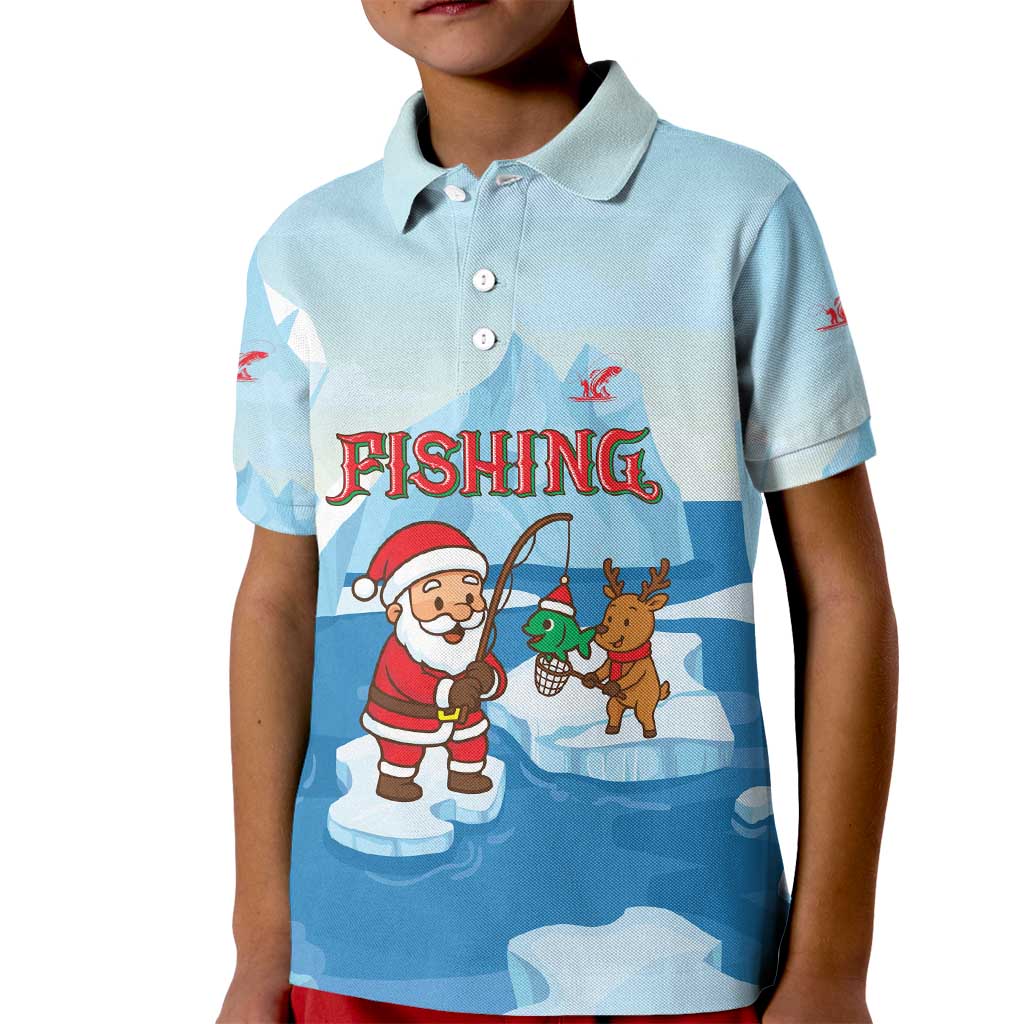 Christmas Fishing Kid Polo Shirt with Santa Claus Reindeer Iceberg and Merry Fishmas Design - Wonder Print Shop