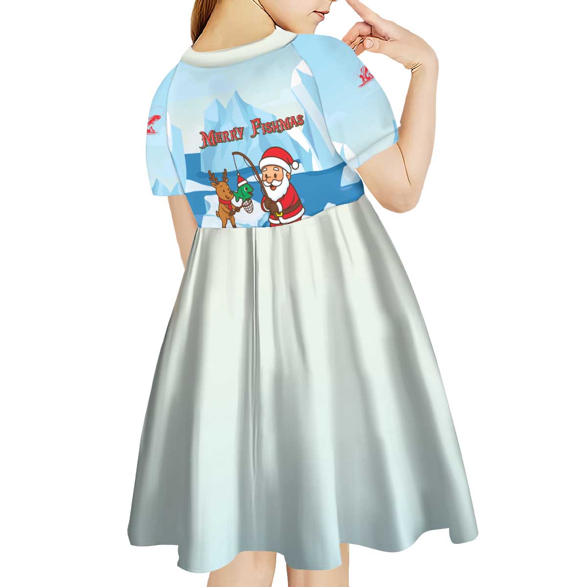 Christmas Fishing Kid Short Sleeve Dress with Santa Claus Reindeer Iceberg and Merry Fishmas Design - Wonder Print Shop