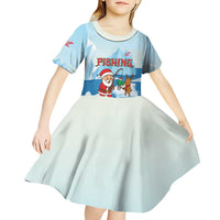 Christmas Fishing Kid Short Sleeve Dress with Santa Claus Reindeer Iceberg and Merry Fishmas Design - Wonder Print Shop