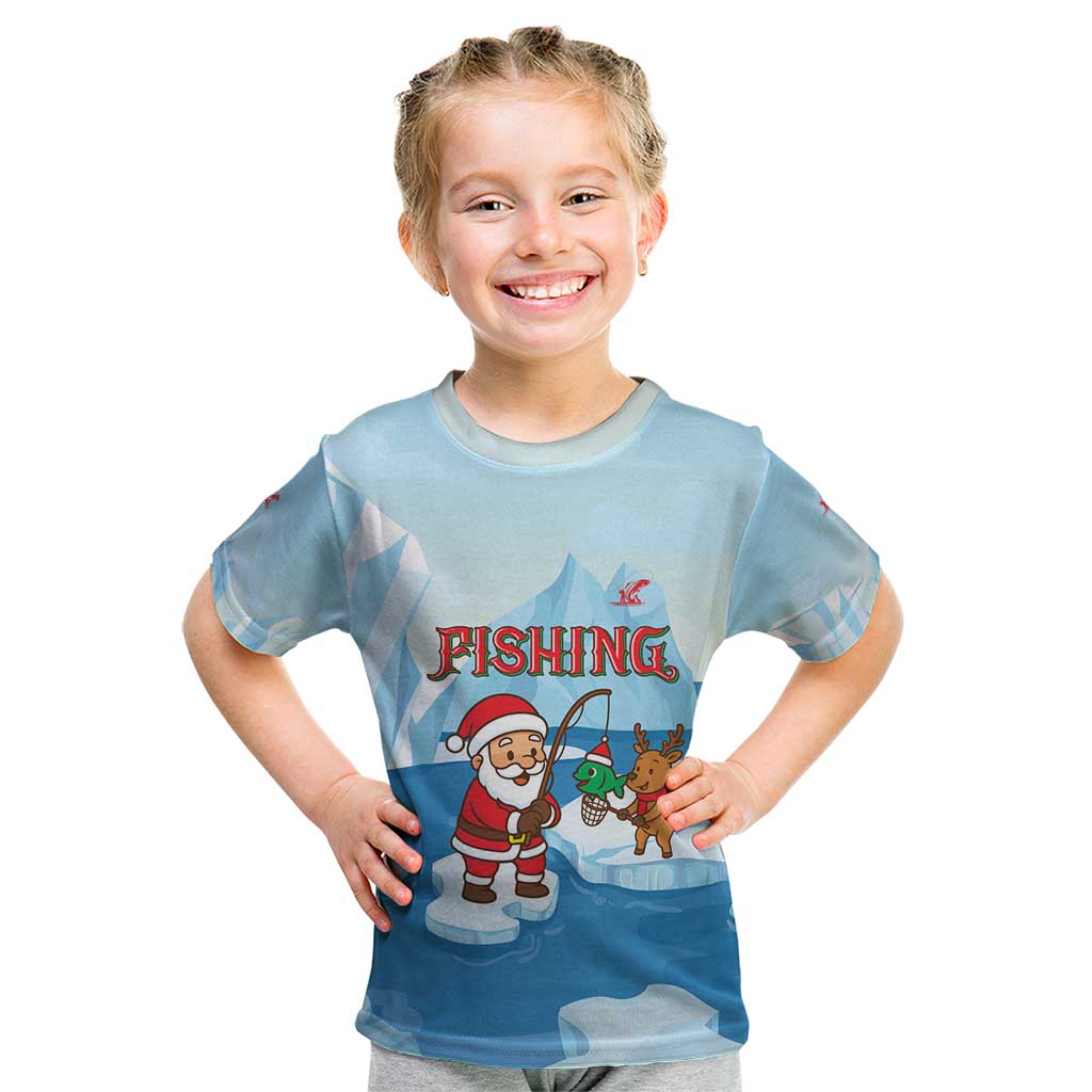 Christmas Fishing Kid T Shirt with Santa Claus Reindeer Iceberg and Merry Fishmas Design - Wonder Print Shop