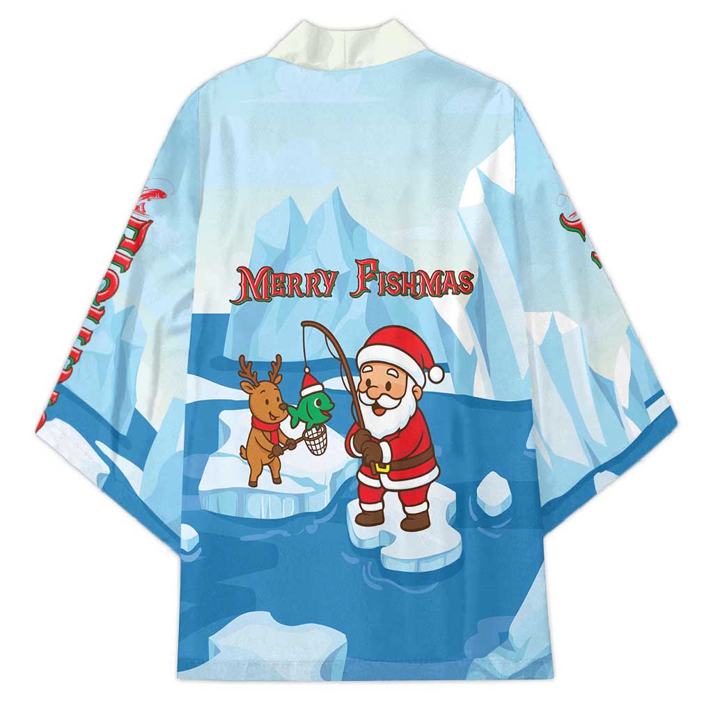 Christmas Fishing Kimono with Santa Claus Reindeer Iceberg and Merry Fishmas Design - Wonder Print Shop