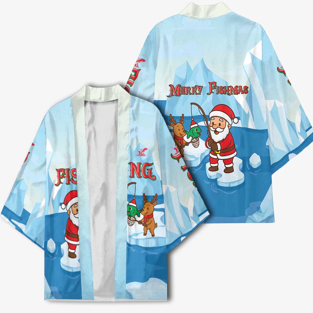 Christmas Fishing Kimono with Santa Claus Reindeer Iceberg and Merry Fishmas Design - Wonder Print Shop