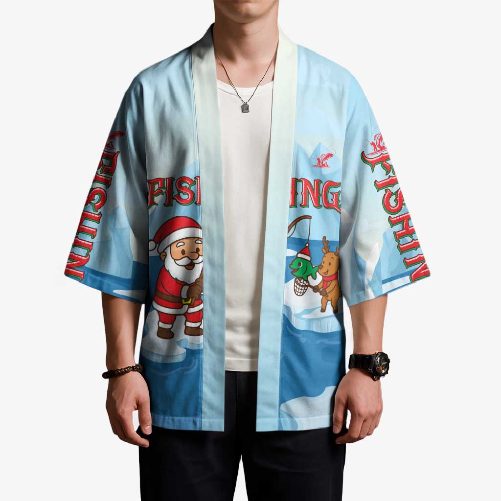 Christmas Fishing Kimono with Santa Claus Reindeer Iceberg and Merry Fishmas Design - Wonder Print Shop
