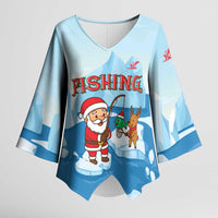 Christmas Fishing Kimono Sleeve Blouse with Santa Claus Reindeer Iceberg and Merry Fishmas Design - Wonder Print Shop