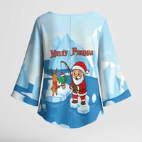 Christmas Fishing Kimono Sleeve Blouse with Santa Claus Reindeer Iceberg and Merry Fishmas Design - Wonder Print Shop