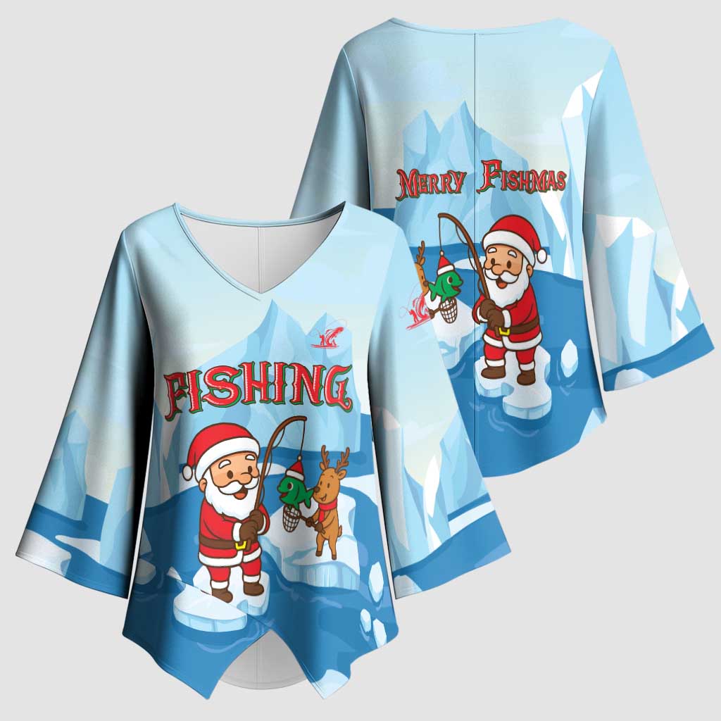 Christmas Fishing Kimono Sleeve Blouse with Santa Claus Reindeer Iceberg and Merry Fishmas Design - Wonder Print Shop