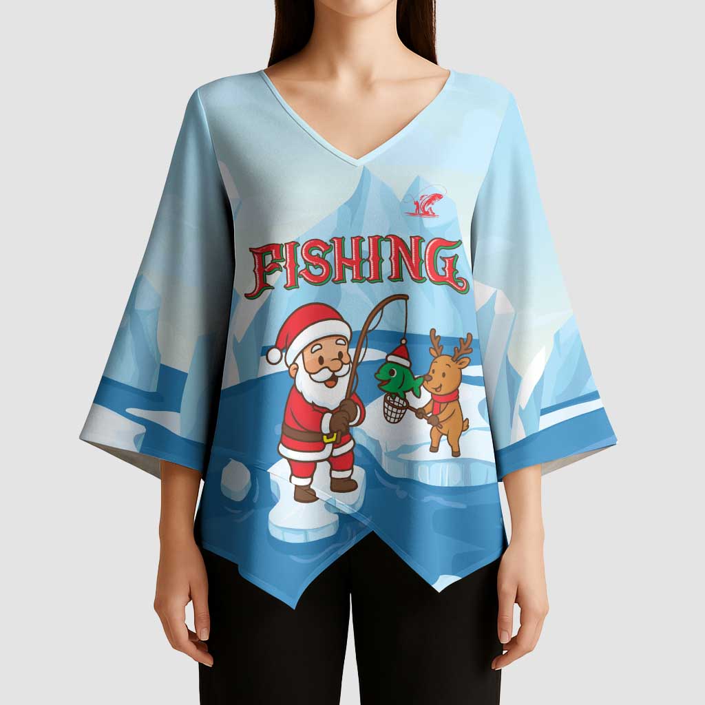 Christmas Fishing Kimono Sleeve Blouse with Santa Claus Reindeer Iceberg and Merry Fishmas Design - Wonder Print Shop