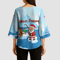 Christmas Fishing Kimono Sleeve Blouse with Santa Claus Reindeer Iceberg and Merry Fishmas Design - Wonder Print Shop