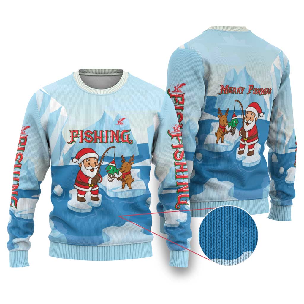 Christmas Fishing Ugly Christmas Sweater with Santa Claus Reindeer Iceberg and Merry Fishmas Design - Wonder Print Shop