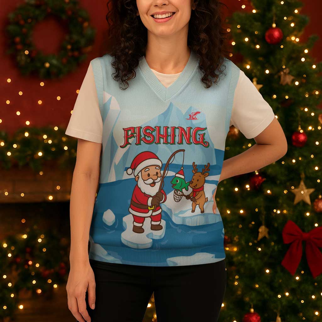 Christmas Fishing Christmas Knitted V-Neck Vest with Santa Claus Reindeer Iceberg and Merry Fishmas Design - Wonder Print Shop